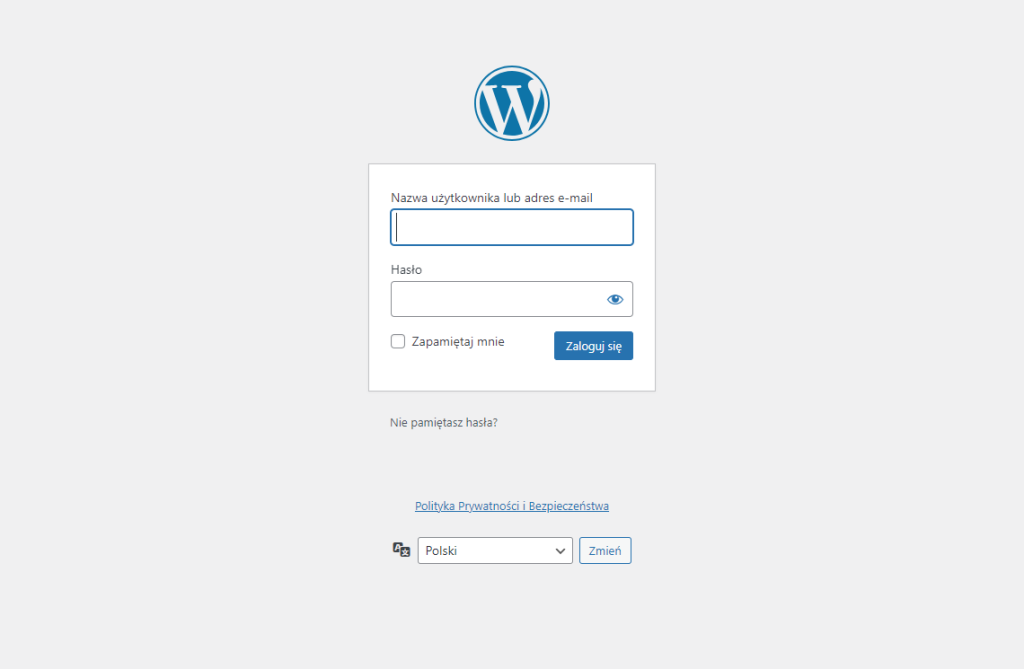 standardowa strona logowania do WordPress
